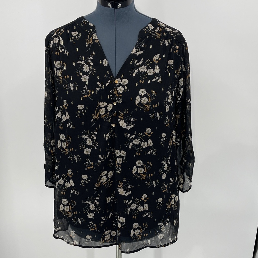 SARA MICHELLE WOMENS SIZE  L Floral Black Blouse LINED V- NECK